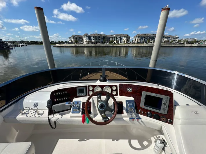 Barbie Hunter Yacht Photos Pics 2007 Regal 4080 Flybridge Sedan helm with waterfront view and clear skies.