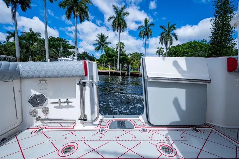 Dare To Dream's Sidechick Yacht Photos Pics 2018 Boston Whaler 330 boat interior with palm trees and water view.