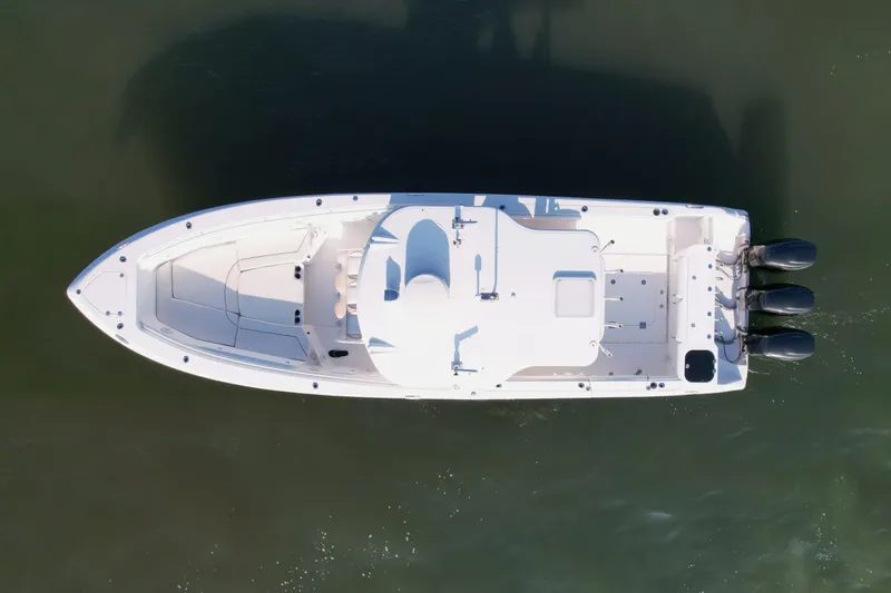 Salt Shaker Yacht Photos Pics Aerial view of 2008 Everglades 350 Center Console boat on water.