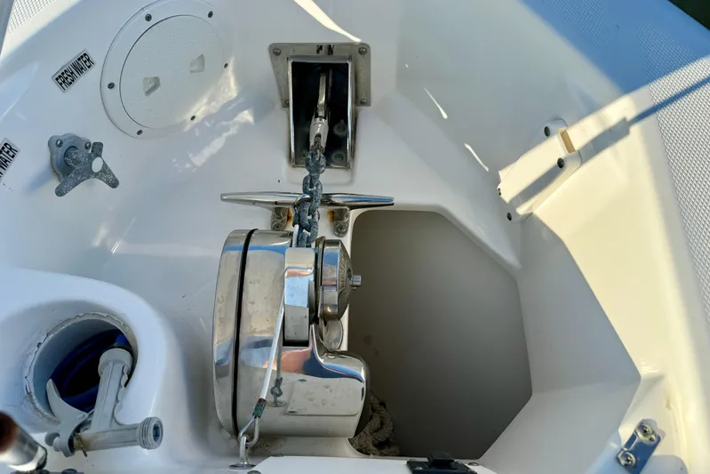 Salt Shaker Yacht Photos Pics 2008 Everglades 350 Center Console anchor winch and freshwater system detail.