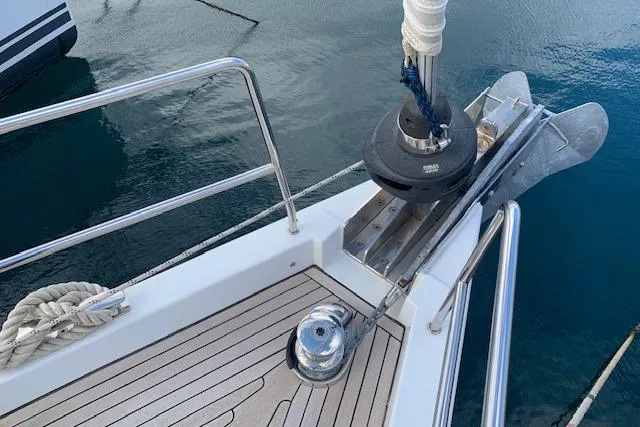  Yacht Photos Pics Bow of 2017 Hanse 588 yacht with anchor and deck details.