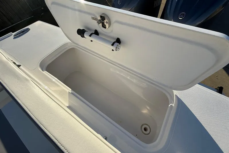 Daybreak Yacht Photos Pics Open storage compartment on 2023 Steiger Craft 31 Chesapeake boat.