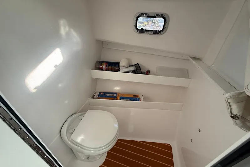 Daybreak Yacht Photos Pics 2023 Steiger Craft 31 Chesapeake boat interior bathroom with toilet and shelves.