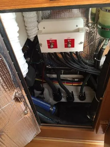 Catalina 425 In Stock Yacht Photos Pics Engine compartment of 2024 Catalina 425 sailboat, showcasing wiring and components.