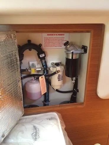 Catalina 425 In Stock Yacht Photos Pics Engine compartment of 2024 Catalina 425 sailboat, showcasing fuel and filtration system.