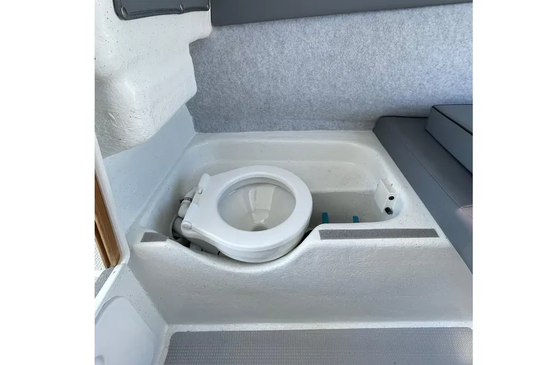  Yacht Photos Pics 2024 Protector 310 Targa boat interior with built-in marine toilet.