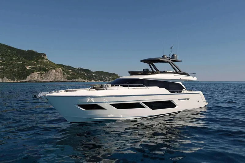  Yacht Photos Pics 2022 Ferretti Yachts 720 cruising on serene waters near a rocky coastline.