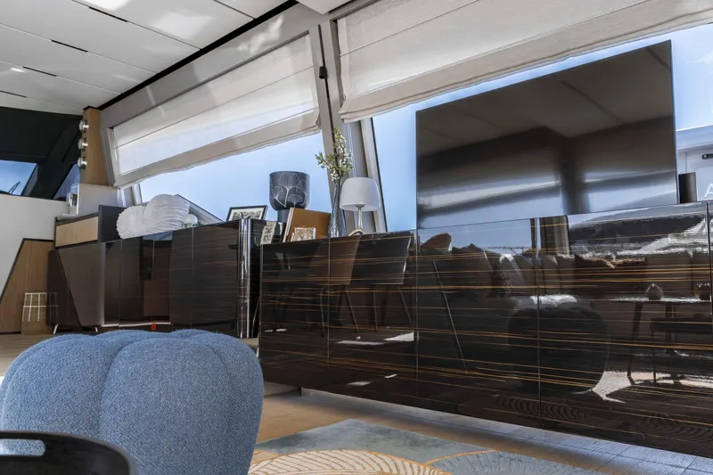  Yacht Photos Pics Luxurious interior of 2022 Ferretti Yachts 720 with modern furnishings and elegant decor.