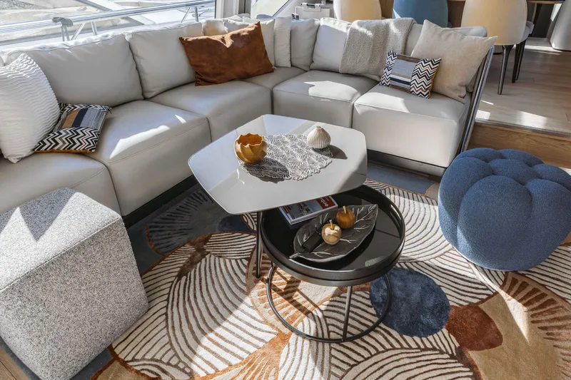  Yacht Photos Pics Luxurious interior of 2022 Ferretti Yachts 720 with modern decor and plush seating.