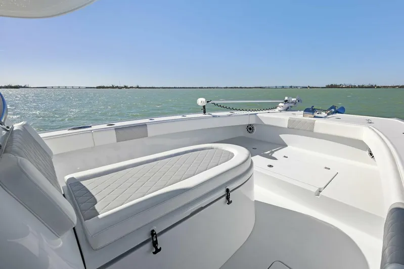  Yacht Photos Pics Freeman 34VH 2022 boat interior with seating, on calm water.