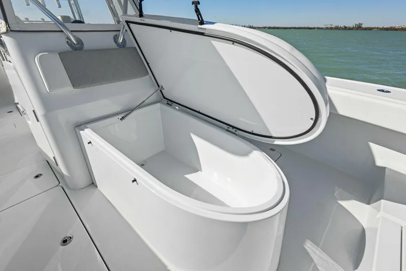  Yacht Photos Pics Open storage compartment on 2022 Freeman 34VH boat, showcasing