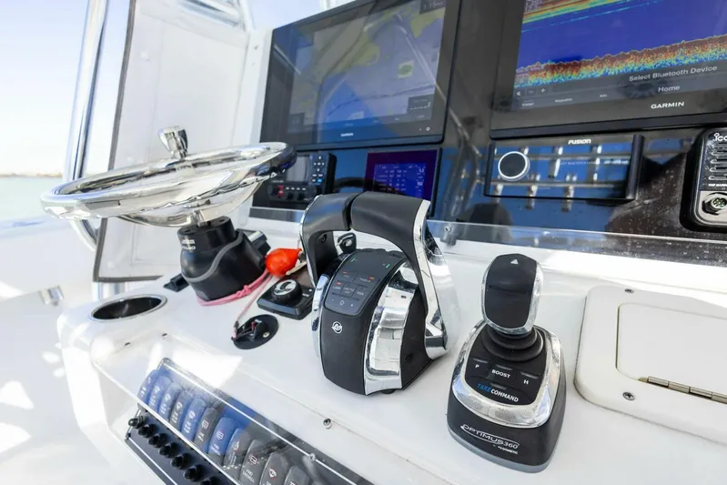  Yacht Photos Pics Control panel of 2022 Freeman 34VH boat with advanced navigation systems.