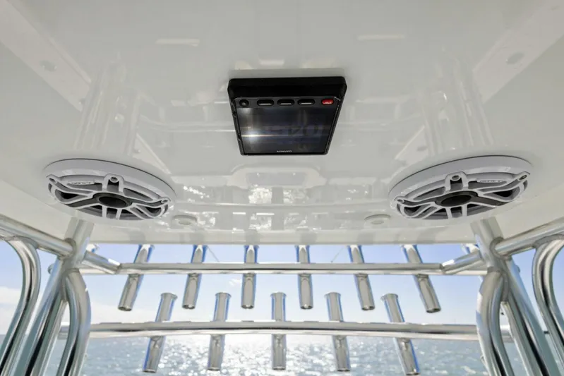  Yacht Photos Pics Ceiling view of Freeman 34VH 2022 boat with speakers and rod holders.