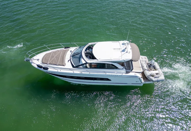  Yacht Photos Pics 2019 Jeanneau Leader 40 cruising on open water, aerial view.
