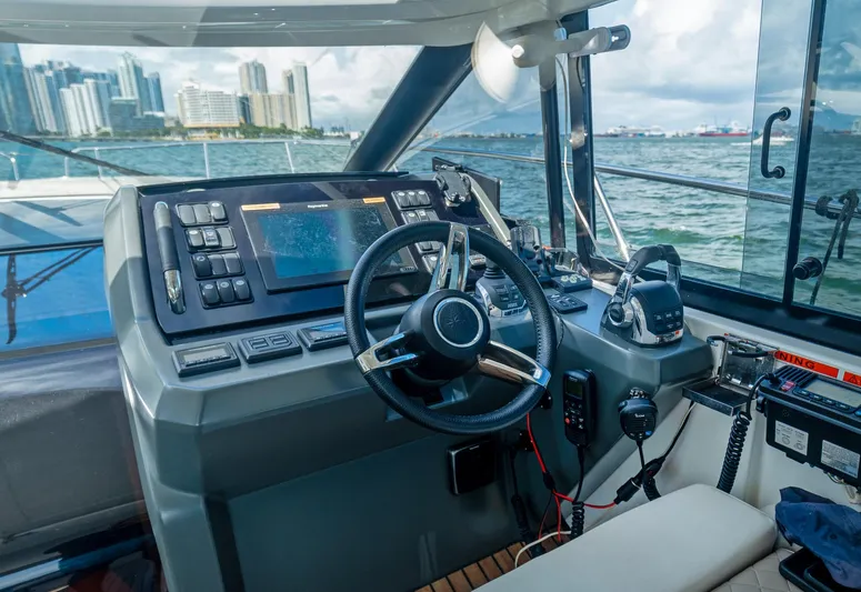  Yacht Photos Pics Cockpit of 2019 Jeanneau Leader 40 yacht with city skyline view.