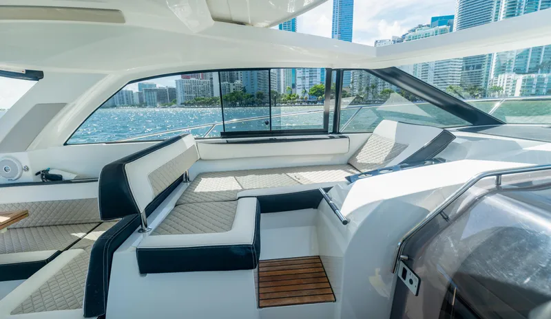  Yacht Photos Pics 2019 Jeanneau Leader 40 yacht interior with city skyline view.