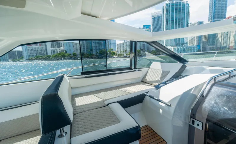  Yacht Photos Pics Luxurious 2019 Jeanneau Leader 40 yacht interior with city skyline view.