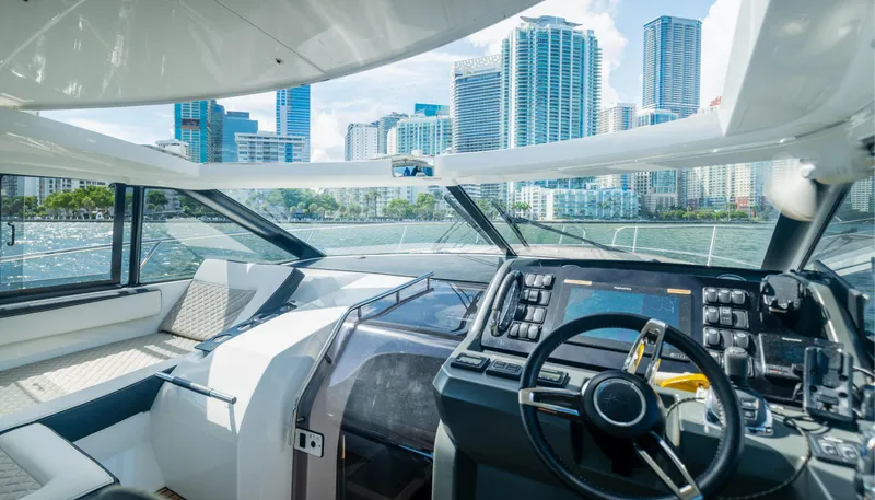  Yacht Photos Pics 2019 Jeanneau Leader 40 yacht interior with city skyline view.