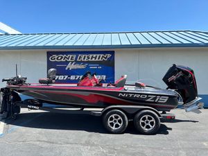 2025 Nitro Z19 Pro bass boat with sleek design, parked at Gone Fishin' Marine.