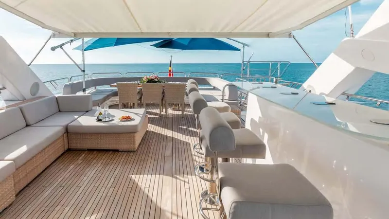 Mercy Yacht Photos Pics Luxurious Sunseeker 37 Metre Yacht 2009 with elegant deck seating and ocean view.