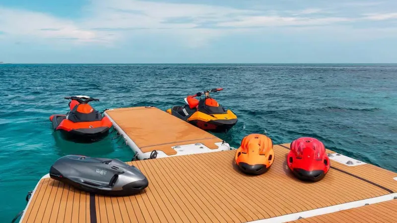 Mercy Yacht Photos Pics Luxury Sunseeker 37 Metre Yacht with jet skis and sea scooters on deck, 2009 model.