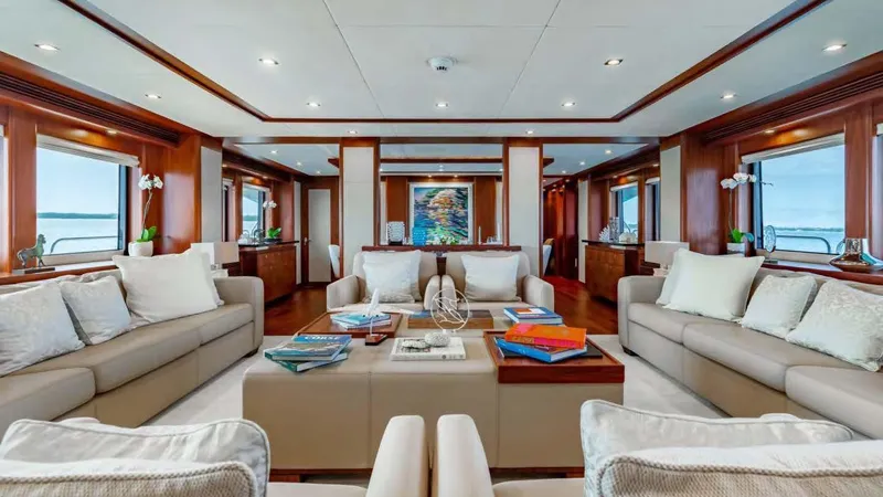 Mercy Yacht Photos Pics Luxurious interior of 2009 Sunseeker 37 Metre Yacht with elegant seating and decor.