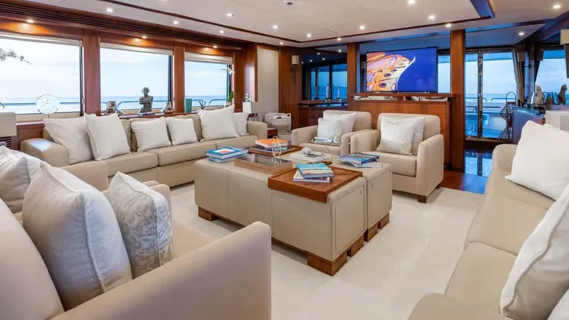Mercy Yacht Photos Pics Luxurious interior of 2009 Sunseeker 37 Metre Yacht with elegant seating and ocean views.