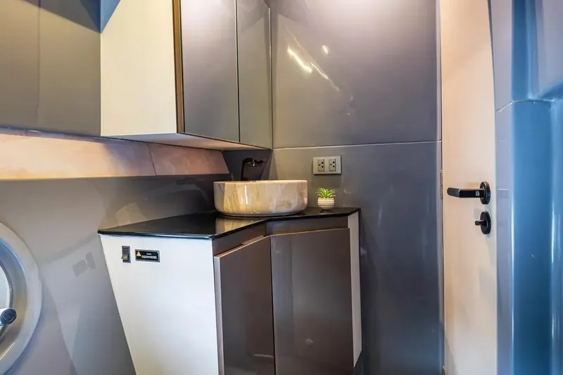  Yacht Photos Pics Luxurious bathroom interior in 2026 Hanover 415 Ultimate Luxury model.