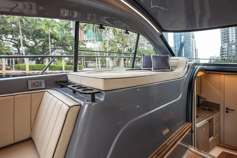  Yacht Photos Pics Luxurious interior of 2026 Hanover 415 Ultimate Luxury yacht with modern seating and sleek design.