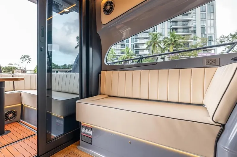  Yacht Photos Pics Luxurious interior of 2026 Hanover 415 Ultimate Luxury yacht with plush seating and modern design.