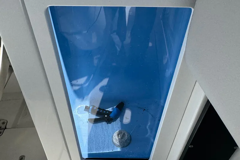  Yacht Photos Pics Livewell compartment in 2021 Blackfin 272 CC boat, featuring a blue interior.