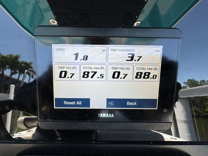  Yacht Photos Pics Yamaha display showing trip data on a 2021 Blackfin 272 CC boat.