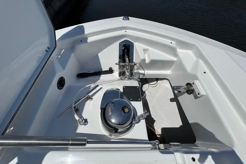 Yacht Photos Pics 2021 Blackfin 272 CC boat anchor compartment with winch and storage.