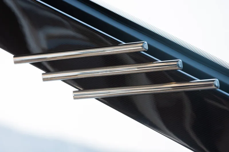  Yacht Photos Pics Close-up of Azimut S7 yacht's sleek metallic design detail, 2018 model.