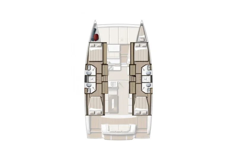 Tamboo Yacht Photos Pics Floor plan of a 2023 Bali 4.2 catamaran, featuring cabins and bathrooms.