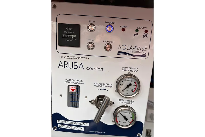 Tamboo Yacht Photos Pics 2023 Bali 4.2 Aqua-Base watermaker control panel with gauges and indicators.
