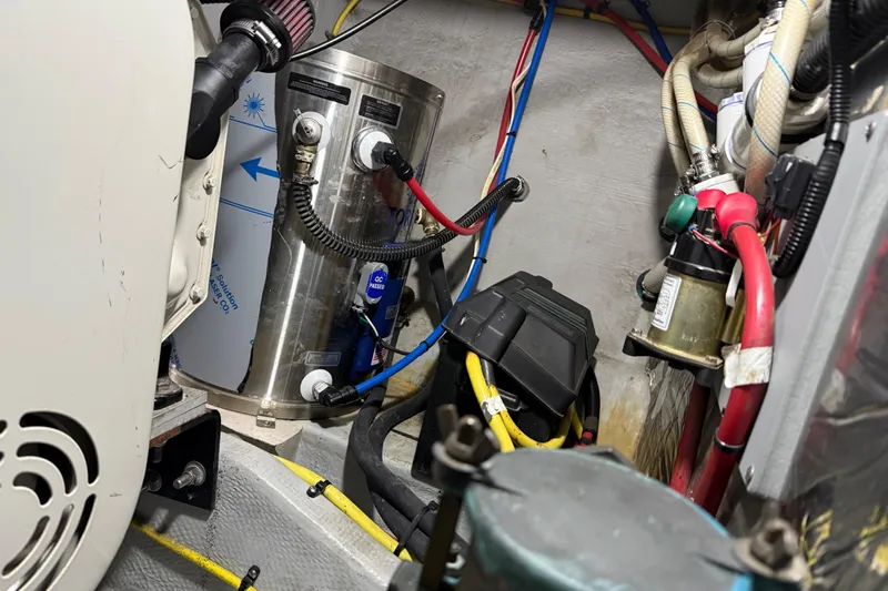  Yacht Photos Pics Engine room of 2004 Meridian 411 Sedan with wiring and components.