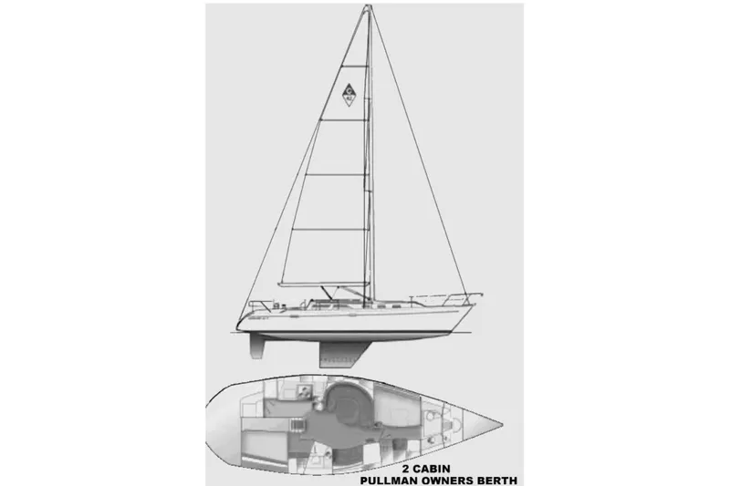 Alola Yacht Photos Pics 2003 Catalina 42 MkII sailboat diagram with two-cabin layout and Pullman owner's berth.