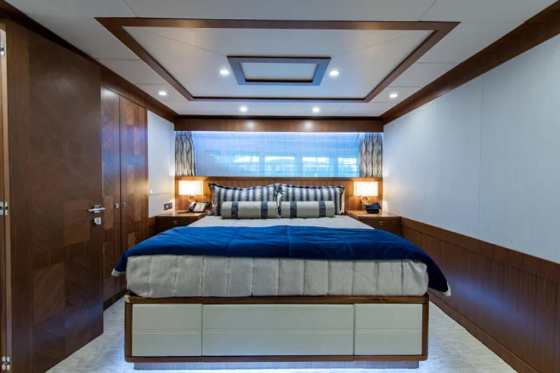 Congvoyage Yacht Photos Pics Luxurious bedroom interior of 2020 Hargrave G120 yacht with modern design and ambient lighting.