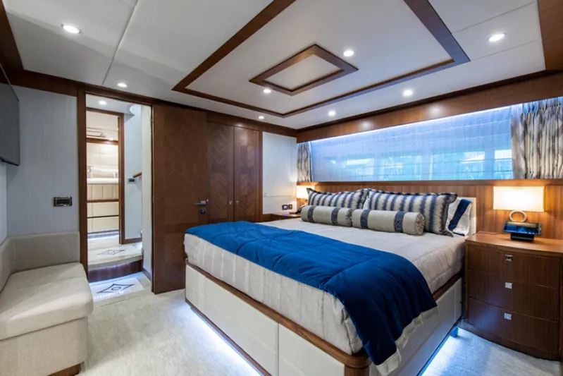Congvoyage Yacht Photos Pics Luxurious bedroom interior of 2020 Hargrave G120 yacht with modern design and ambient lighting.
