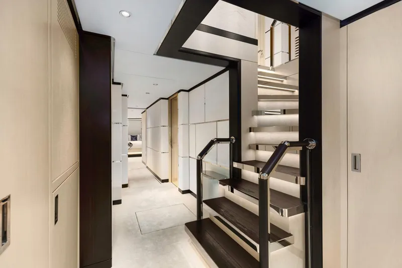 Rocket One Yacht Photos Pics Luxurious interior of 2022 Gulf Craft Majesty 120 yacht with modern staircase design.