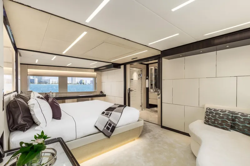 Rocket One Yacht Photos Pics Luxurious interior of 2022 Gulf Craft Majesty 120 yacht, featuring elegant bedroom design.