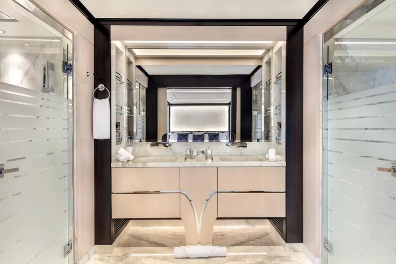 Rocket One Yacht Photos Pics Luxurious bathroom interior on Gulf Craft Majesty 120 yacht, 2022 model, featuring elegant design elements.