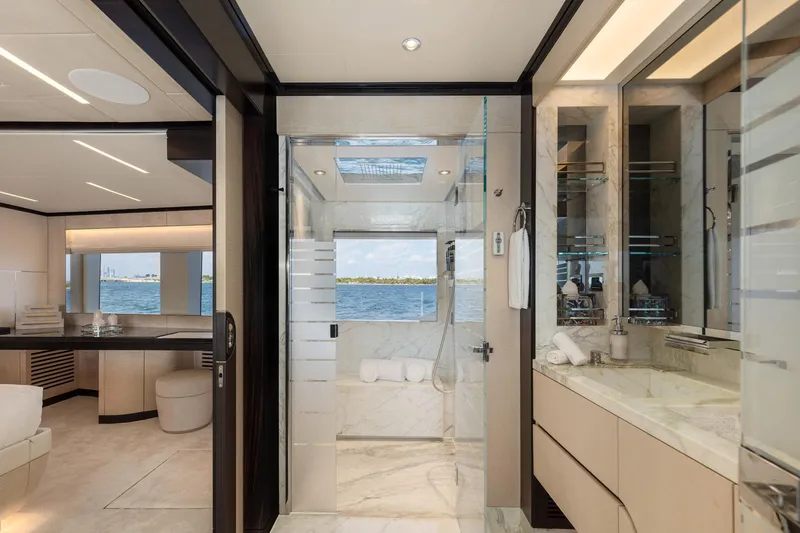 Rocket One Yacht Photos Pics Luxurious bathroom interior on 2022 Gulf Craft Majesty 120 yacht, featuring elegant design and ocean view.