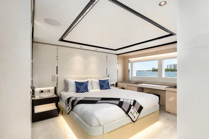 Rocket One Yacht Photos Pics Luxurious bedroom interior on 2022 Gulf Craft Majesty 120 yacht with ocean view.