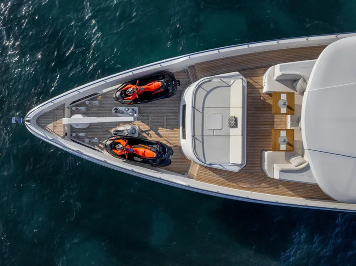 Rocket One Yacht Photos Pics Aerial view of 2022 Gulf Craft Majesty 120 yacht with jet skis on deck.