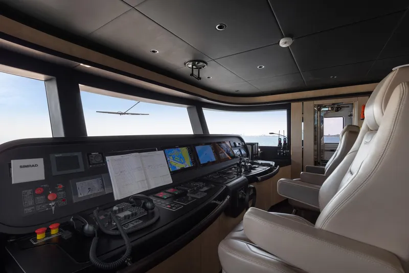 Rocket One Yacht Photos Pics Control room of 2022 Gulf Craft Majesty 120 yacht with modern navigation equipment.