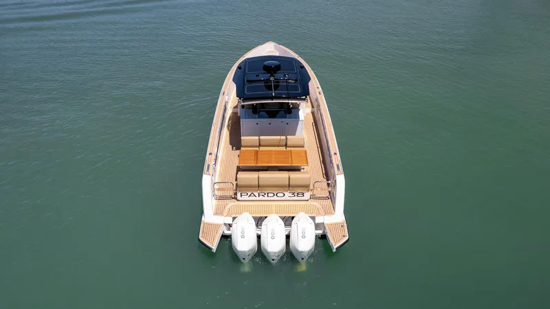  Yacht Photos Pics 2025 Pardo Yachts 38 with triple outboard engines on calm water.