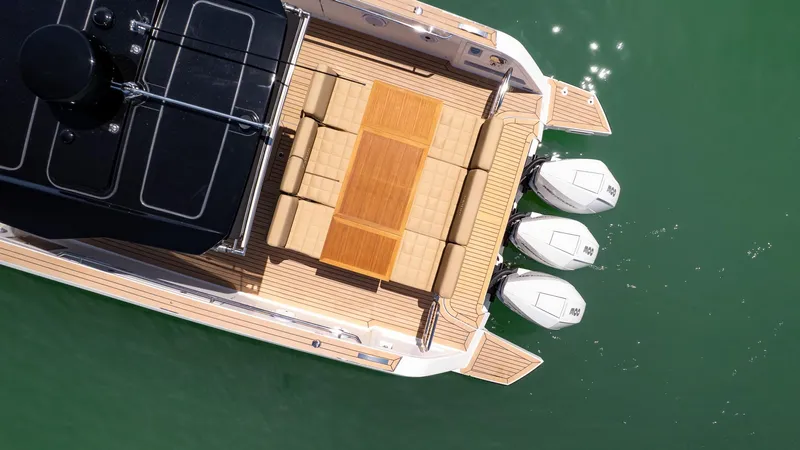  Yacht Photos Pics Aerial view of 2025 Pardo Yachts 38 with elegant deck and triple engines.