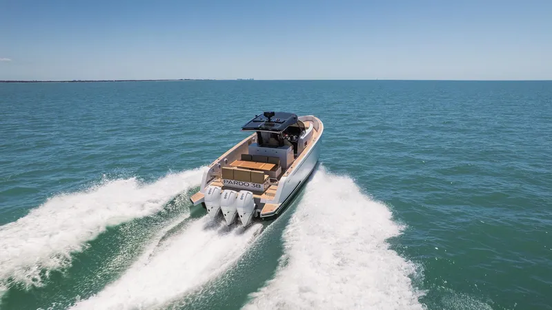  Yacht Photos Pics 2025 Pardo Yachts 38 cruising on open sea, showcasing sleek design and powerful engines.